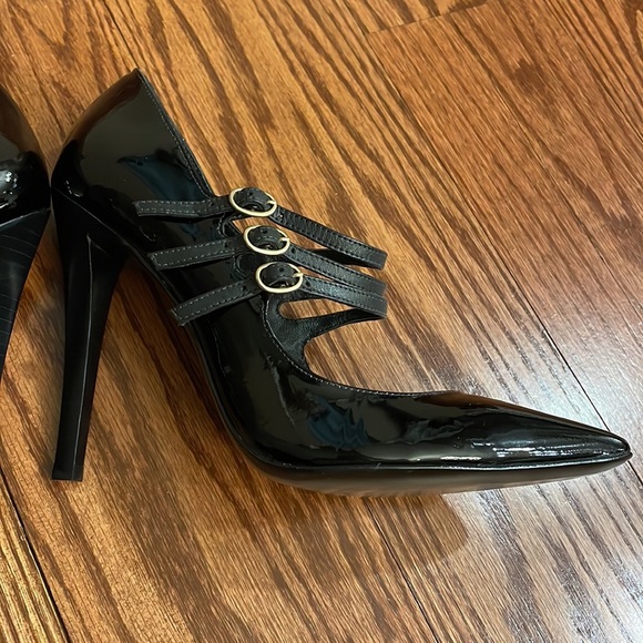 RACHEL ZOE Sam black patent leather 3 strap heeled pump point toe size 10 - Picture 15 of 17